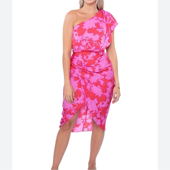 NWT Do+Be hot pink floral one shoulder midi dress - Picture 5 of 11